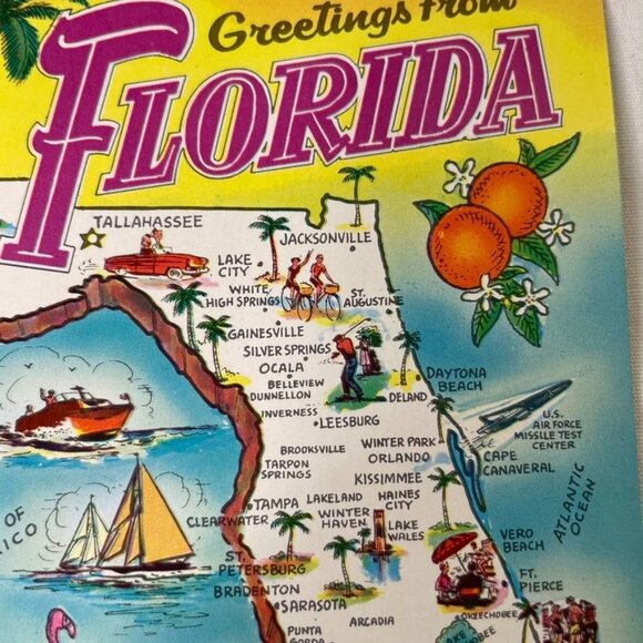 Vintage Postcard Greetings Florida Pictorial State Map Sightseeing u Sunshine St - Picture 2 of 4